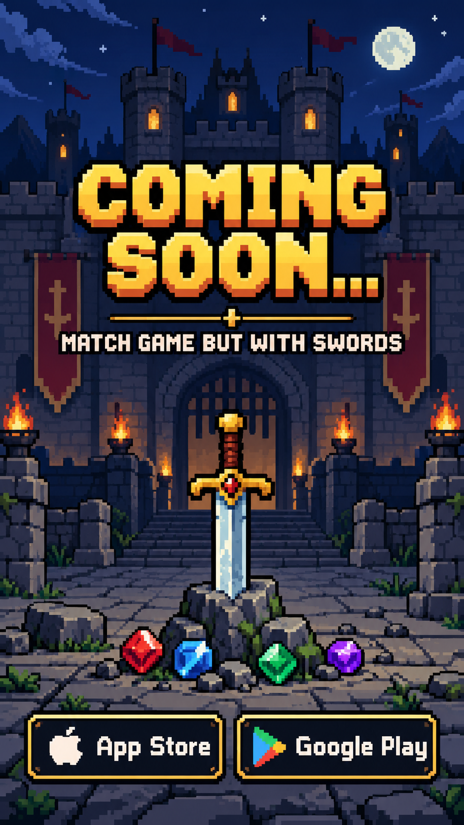 Coming soon: Match Game But With Swords, with a sword before a moonlit castle