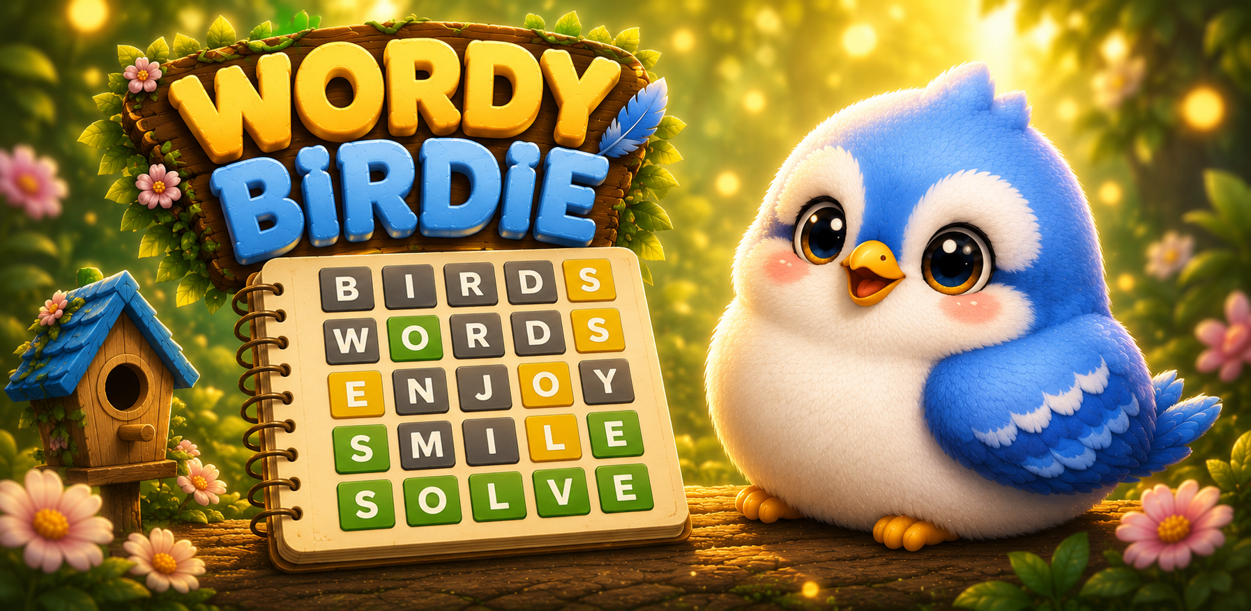 Wordy Birdie: a blue bird beside a board of colorful word tiles